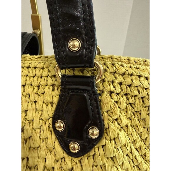 Michael Kors Womens Santorini Tote Bag Yellow Black Straw Patent Leather Woven - Picture 3 of 16